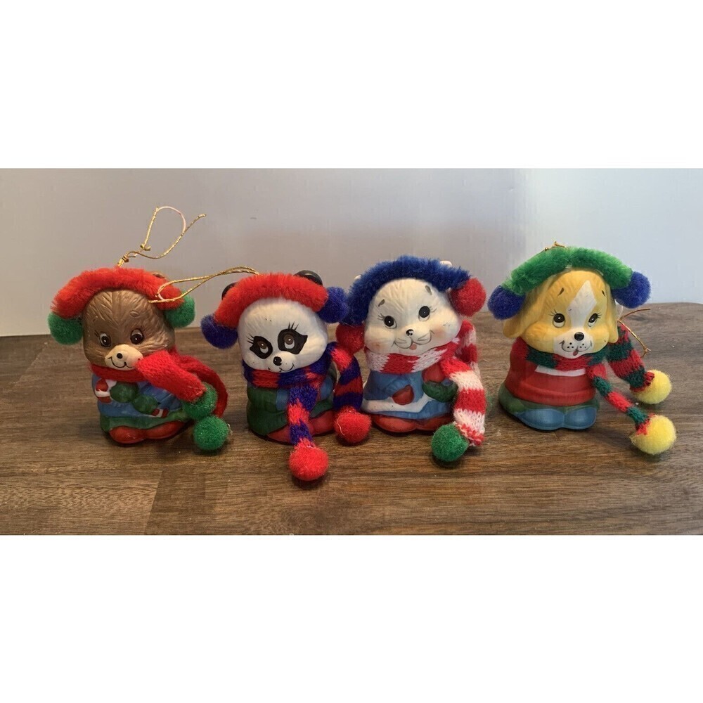 Vintage Giftco Animal Ceramic Bell Christmas Ornaments Set Cat Dog Bear Panda